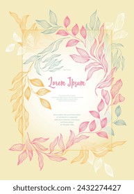 Laurel leaves frame vector greeting card template. Simple bay tree branches summer wreath. Holiday card design with laurel foliage. Tropical eucalyptus leaves on twigs frame template. Nature print