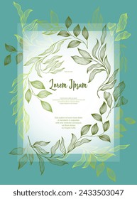 Laurel leaves frame vector greeting card template. Vintage bay tree branches summer bouquet. Holiday card design with laurel foliage. Tropical eucalyptus leaves on twigs frame template. Botany style