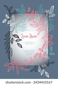Laurel leaves frame vector greeting card template. Vintage bay tree branches summer bouquet. Rustic card design with laurel foliage. Tropical eucalyptus leaves on twigs frame template. Botany style