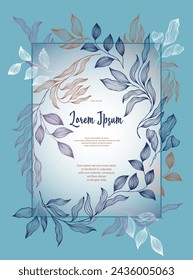 Laurel leaves frame vector greeting card template. Elegant bay tree branches summer bouquet. Rustic card design with laurel foliage. Exotic eucalyptus leaves on branches frame template. Houseplants