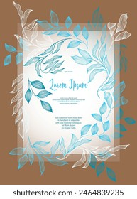 Laurel leaves frame vector greeting card template. Vintage bay tree branches summer bouquet. Holiday card design with laurel foliage. Tropical eucalyptus leaves on twigs frame template. Botany style