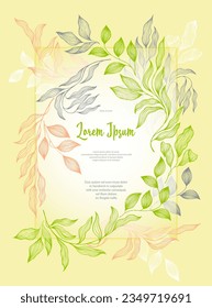 Laurel leaves frame vector wedding card template. Simple bay tree branches summer wreath. Organic card design with laurel foliage. Tropical eucalyptus leaves on twigs frame template. Houseplants