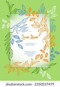 Laurel deja la plantilla de la tarjeta de bodas vector marco. Ramas de árbol de la bahía de época ramo el ramo de verano. Diseño de tarjetas de vacaciones con follaje laurel. Hojas tropicales de eucalipto sobre la plantilla de marco de ramitas. Planta de jardín