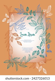 Laurel Blätter Rahmen Vektor Hochzeitskarte Vorlage. Vintage Lorbeerzweige Sommerstrauß. Trendiges Kartendesign mit Lorbeerblättern. Tropische Eukalyptusblätter auf Zweigen Rahmenvorlage. Gartenpflanze