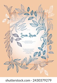 Laurel leaves frame vector wedding card template. Romantic bay tree branches summer bouquet. Organic card design with laurel foliage. Tropical eucalyptus leaves on twigs frame template. Botany style