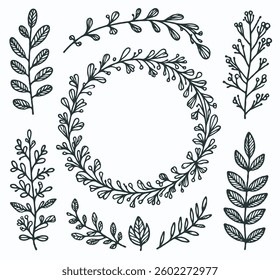 Laurel Motif, floral wreath symbol. A wreath with leaves and a symbol for the winner of the contest. Outline olive branch. Hand drawn black and white line art, Illustration drawing, leaf engraving