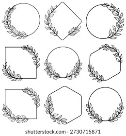 Laurel plant leaf, floral frame, round olive leaves, branch for greek wedding, crest logo. Decorating elements isolated on white background. Hand drawn floral frames with flowers, branch and leaves.