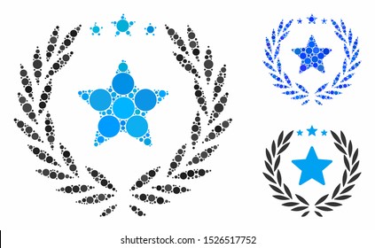 Laurel star emblem composition for laurel star emblem icon of filled circles in various sizes and color tints. Vector filled circles are grouped into blue collage.