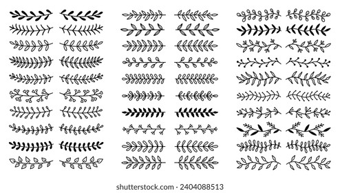 Laurel text dividers doodle set. Wedding decorative elements with leaves. Branches, divider ornament, borders, lines. Hand drawn vector illustration isolated on white background
