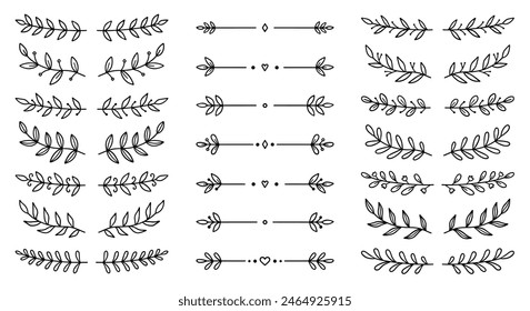 Laurel text dividers doodle set. Wedding decorative elements with leaves. Branches, divider ornament, borders, lines. Hand drawn vector illustration isolated on white background