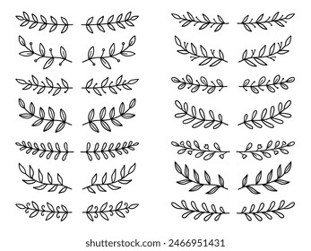 Juego de doodle de divisores de texto Laurel. Boda Elementos decorativos con hojas. Ramas, ornamento divisor, bordes, líneas. Ilustración vectorial dibujada a mano aislada sobre fondo blanco