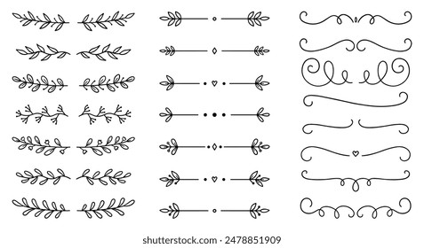 Laurel text dividers doodle set. Wedding decorative elements with leaves. Branches, divider ornament, borders, lines. Hand drawn vector illustration isolated on white background