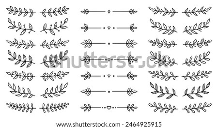 Laurel text dividers doodle set. Wedding decorative elements with leaves. Branches, divider ornament, borders, lines. Hand drawn vector illustration isolated on white background
