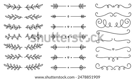 Laurel text dividers doodle set. Wedding decorative elements with leaves. Branches, divider ornament, borders, lines. Hand drawn vector illustration isolated on white background