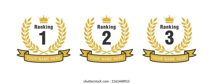 Laurel vector set icon ribbon in white background, rakning 1 crown medals set, ranking 2 laurel badge icon isolated, ranking 3 icon illustration vector design in gold color