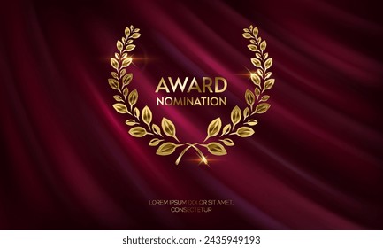 Laurel winner wreath with place for text realistic vector illustration. Appreciation of best participant 3d model on red cloth background