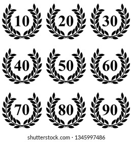 Laurel wreath 10th to 90th anniversary on a white background 