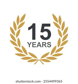 Laurel wreath 15 years jubilee. Anniversary icon or logo with laurel wreath. Jubilee years celebration label or emblem design vector illustration.