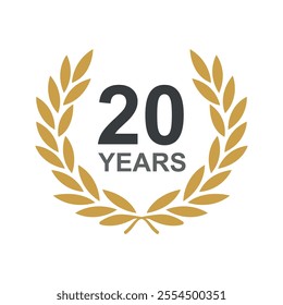 Laurel wreath 20 years jubilee. Anniversary icon or logo with laurel wreath. Jubilee years celebration label or emblem design vector illustration.