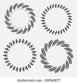 Laurel wreath 4 tattoo set. Black ornaments, four signs on white background.  Victory, peace, glory symbol. Vector