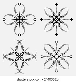 Laurel wreath 4 tattoo set. Cross stylized ornaments, black signs on white background. Victory, defense, glory symbols. Vector