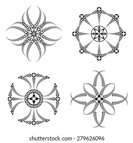 Laurel wreath 4 tattoo set. Cross stylized ornaments, black signs on white background. Victory, defense, glory symbols. Vector