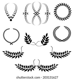 Laurel wreath 9 tattoo set. Black ornaments, signs on white background.  Victory, peace, glory symbol. Vector