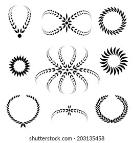 Laurel wreath 9 tattoo set. Black abstract stylized ornaments, signs on white background.  Victory, peace, glory symbol. Vector