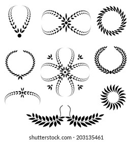 Laurel wreath 9 tattoo set. Black stylized ornaments, signs on white background.  Victory, peace, glory symbol. Vector
