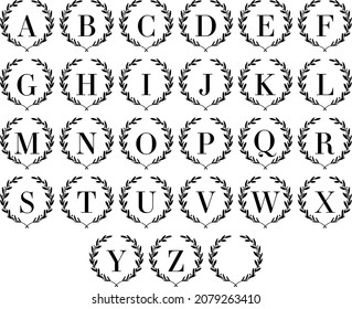 Laurel wreath alphabet, Laurel wreath monogram, Laurel Letters, Laurel font, Circle frame, Floral monogram, Monogram alphabet, Family monogram