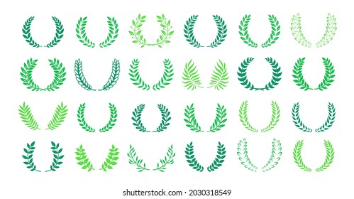 Laurel Wreath award or heraldry green set. Circular laurel foliate wreaths award, achievement. High quality symbol emblem branches olive plant collection. Logo nobility emblem vector illustration