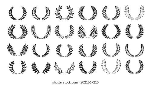 Laurel Wreath award or heraldry silhouette set. Circular laurel foliate wreaths award, achievement. High quality symbol emblem branches olive plant collection. Logo nobility emblem vector illustration