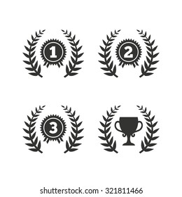 Laurel wreath award icons. Prize cup for winner signs. First, second and third place medals symbols. Flat icons on white. Vector