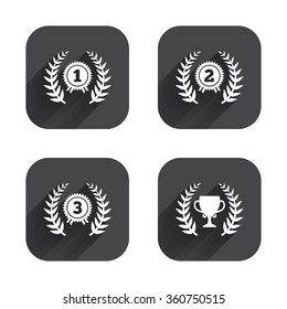 Laurel wreath award icons. Prize cup for winner signs. First, second and third place medals symbols. Square flat buttons with long shadow.