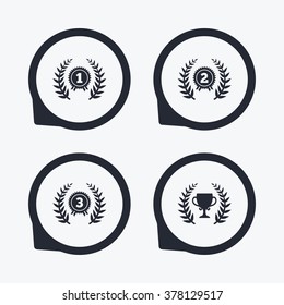 Laurel wreath award icons. Prize cup for winner signs. First, second and third place medals symbols. Flat icon pointers.