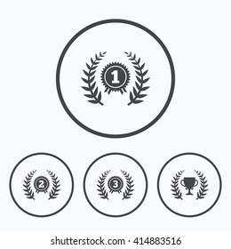 Laurel wreath award icons. Prize cup for winner signs. First, second and third place medals symbols. Icons in circles.