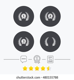 Laurel wreath award icons. Prize for winner signs. First, second and third place medals symbols. Chat, award medal and report linear icons. Star vote ranking. Vector