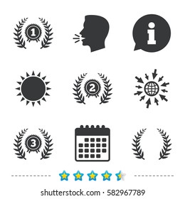 Laurel wreath award icons. Prize for winner signs. First, second and third place medals symbols. Information, go to web and calendar icons. Sun and loud speak symbol. Vector