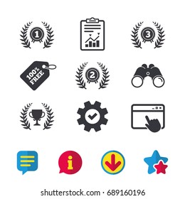 Laurel wreath award icons. Prize cup for winner signs. First, second and third place medals symbols. Browser window, Report and Service signs. Binoculars, Information and Download icons. Vector