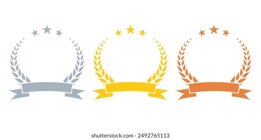 Laurel wreath award set. Gold, silver and bronze laurel frames with ribbon. First, second, third place prize concept. Vector illustration.