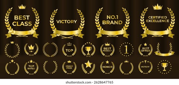 Laurel wreath distintivo celebra excelência e resultado superior. Folhas douradas envolvem-se em formação simétrica decorativa. O conjunto inclui os melhores designs de preço, escolha e vendedor. Definição de ícones de vetor