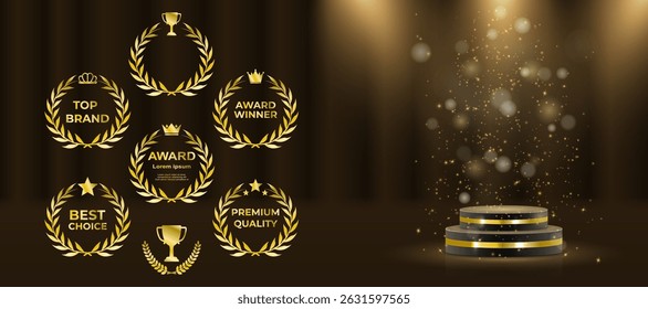 Laurel wreath badge celebrates excellence and top result. Golden leaves wrap in decorative symmetrical formation. Set includes best price, choice, and seller designs. Vector icons set