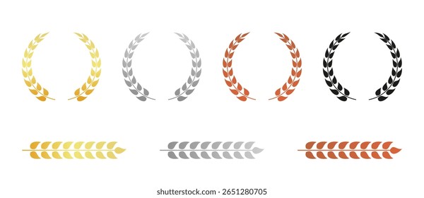 Laurel wreath badge design set. Black, gold, silver, and bronze leaf award wreaths for achievement, medal, prize, trophy, and winner design template. Vector illustration on transparent PNG background
