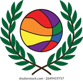 Coroa de louro com cores de basquete e orgulho - Ilustração simbólica combinando uma basquete com uma coroa de louro e arco-íris de orgulho, representando esporte, vitória e inclusão LGBTQ+.