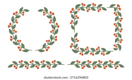Laurel Wreath Border and Divider Berries Set Ilustração plana Botânica Natal Elementos. Design de Vetor