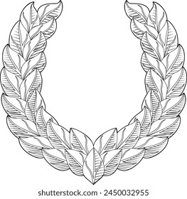 A laurel wreath branch leaf emblem heraldry design in a vintage woodcut style