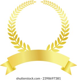 Laurel wreath Branches and Leaves Design with Curved Ribbon Badge Banner in Gold Color
