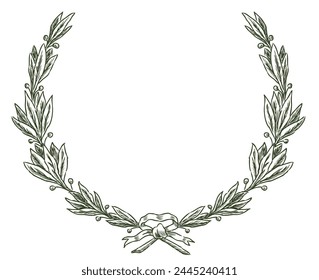 Laurel wreath, branches, ribbon, award,symbol, vector hand drawing isolated on white