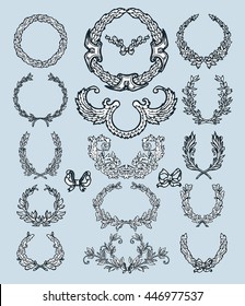 Laurel Wreath Branches Set. Decorative Elements At Engraving Style.