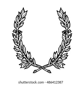 Laurel Wreath Branches Set. Decorative Elements At Engraving Style. Vector Illustration. Isolated On White.